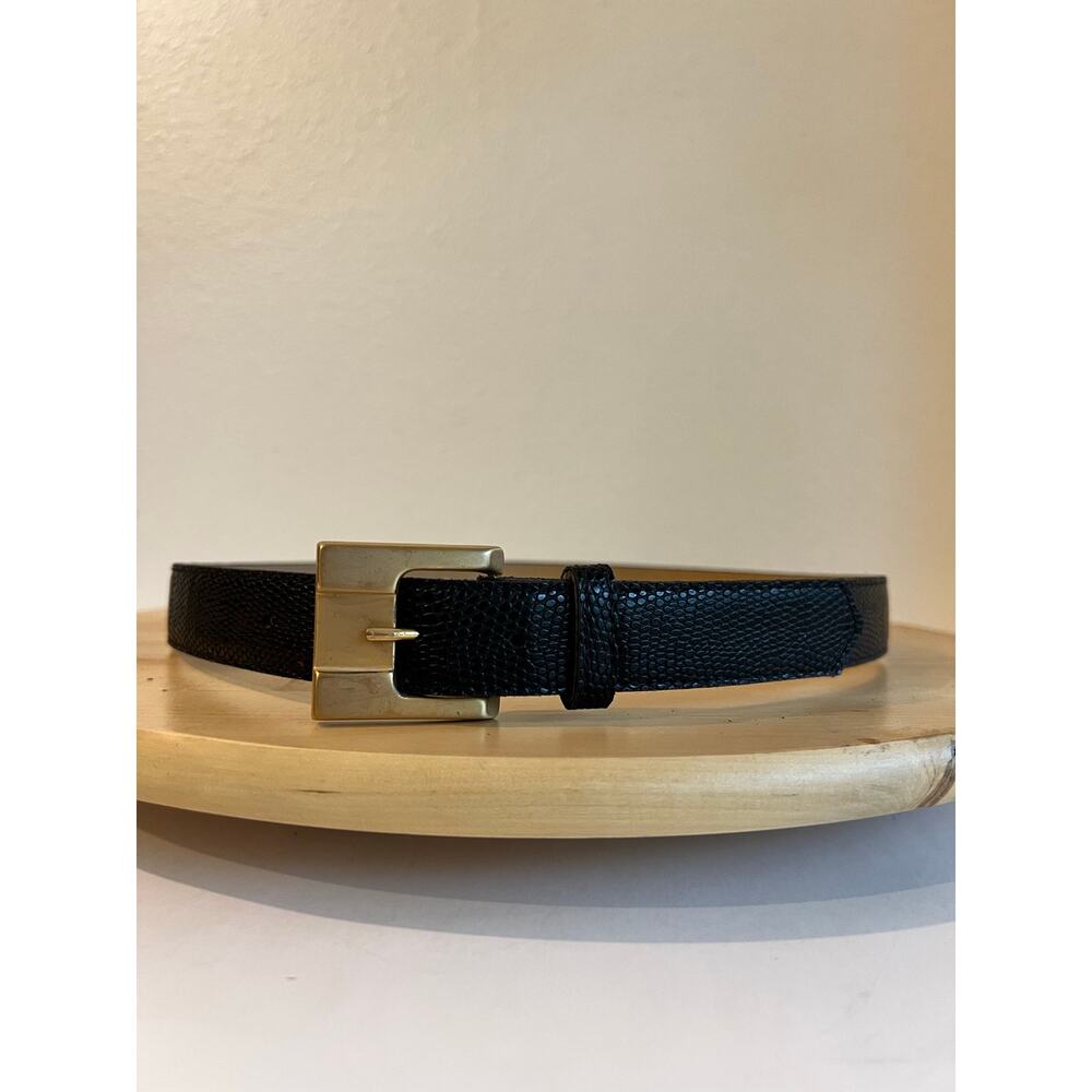 Vintage 90s Black Leather Gold Chunky Buckle Belt Size Small